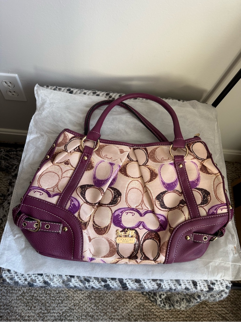 Coach Cream and Purple Signature Tote with Plum Leather Trim
